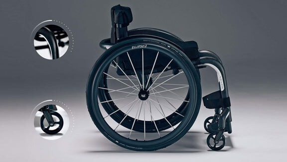 Redesigned carbon fibre castor and seat rail: transfers and pushing long distances becomes effortless!